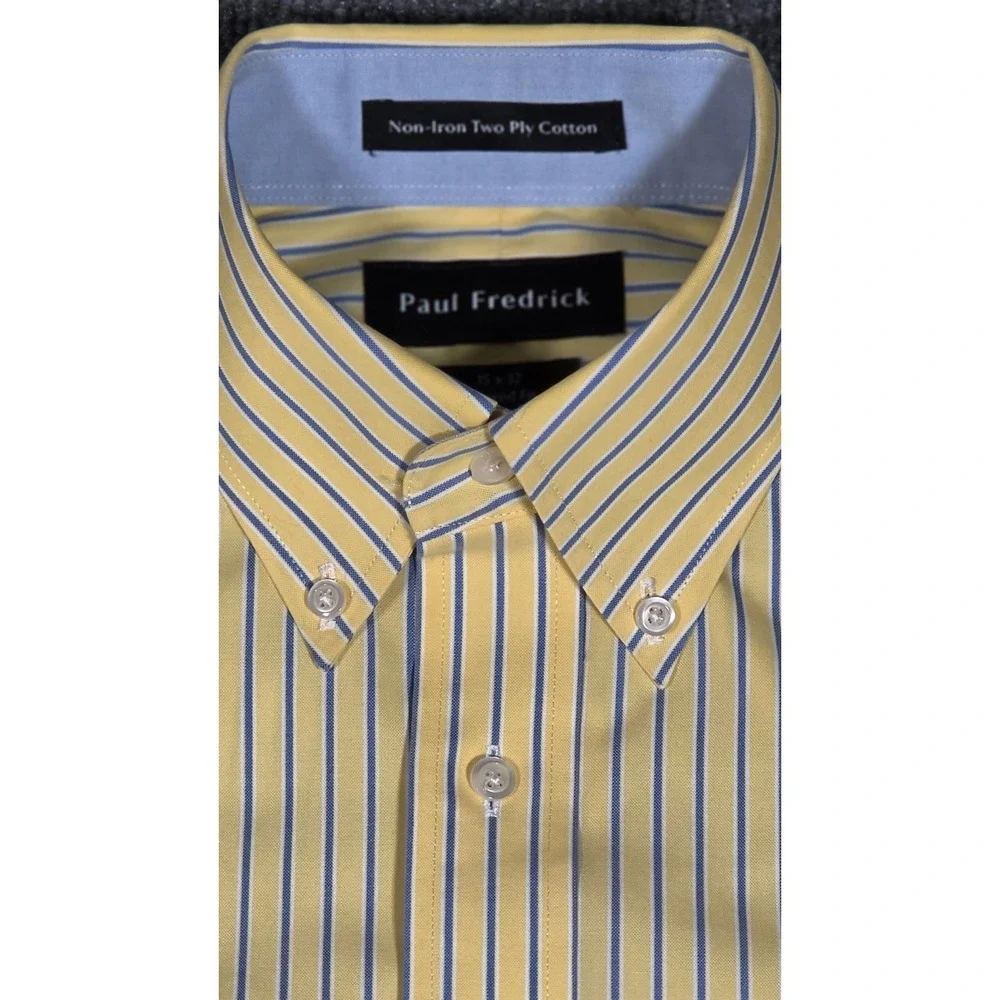 Paul Fredrick men's dress shirt‎ in a yellow base with blue stripe pattern, size